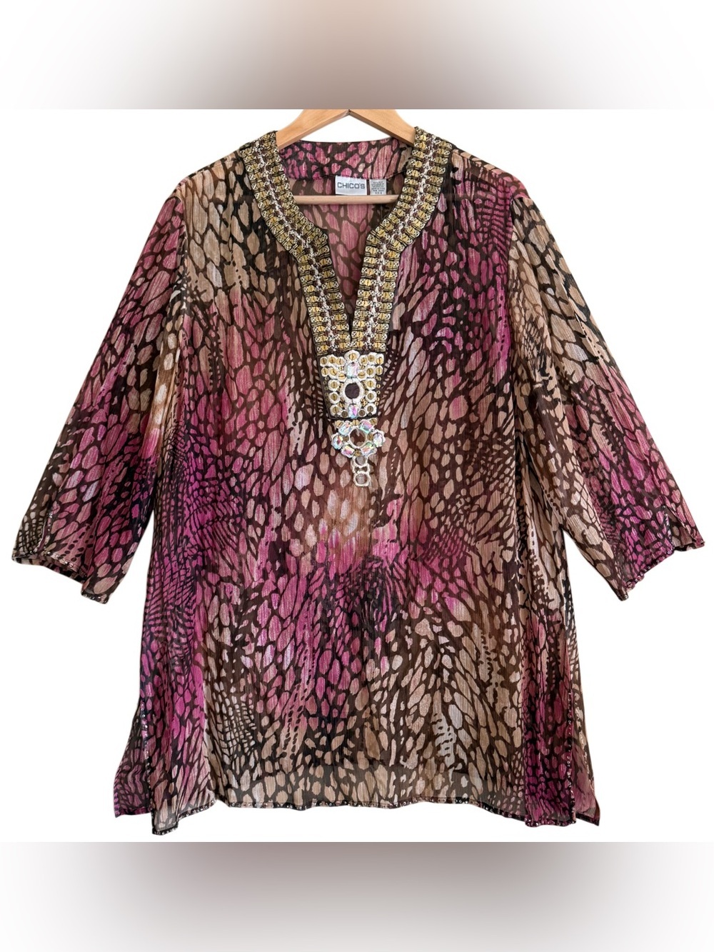 Chico’s 100% Silk Sheer Embroidered Bejeweled Animal Print Chic Tunic 3/XL NWT